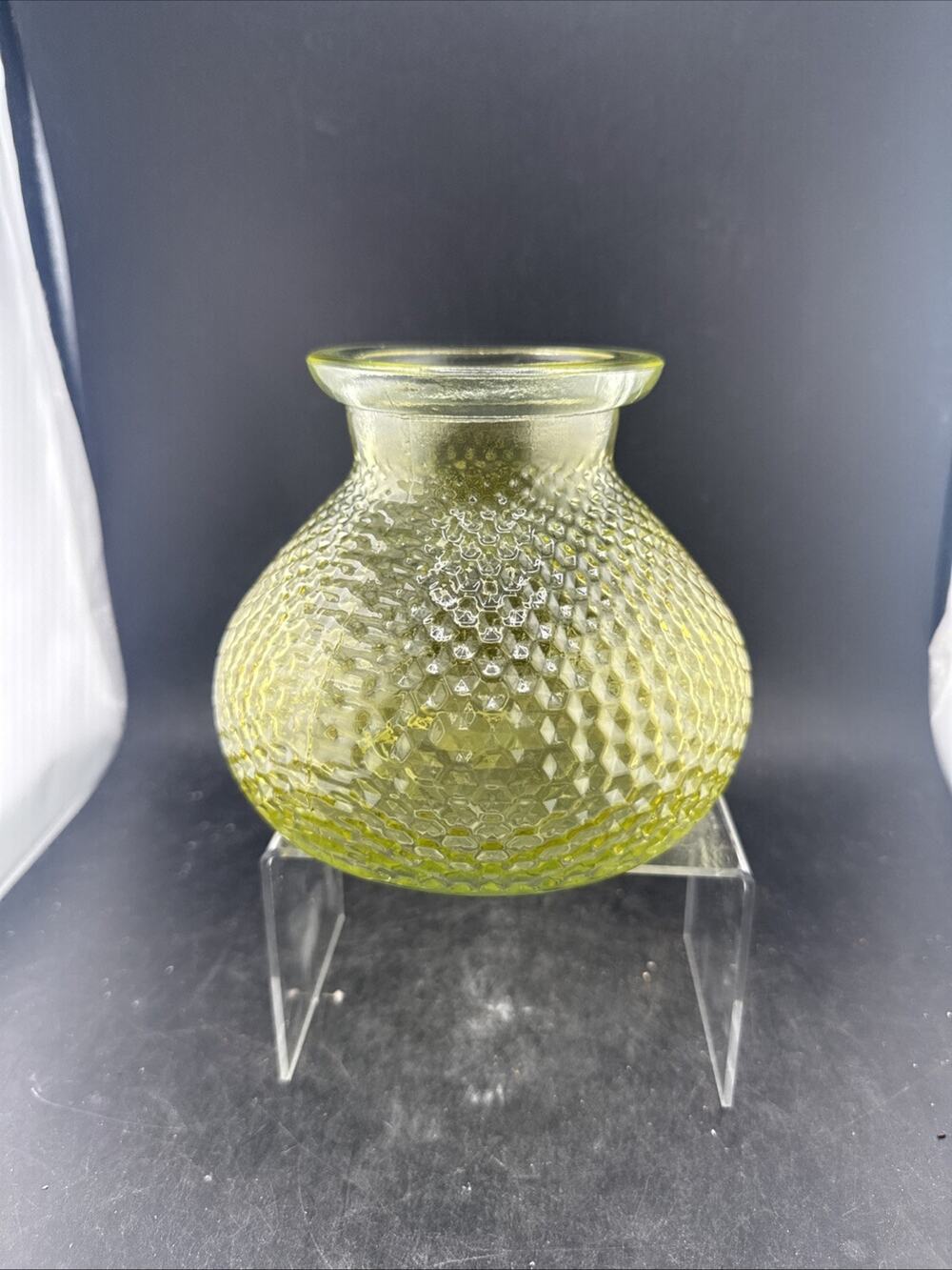 Vintage MCM Chartreuse Yellow Green Glass Honeycomb Squat Vase Diamond Quilted